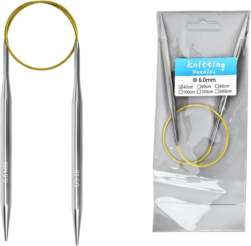 Soosui 6.0mm Circular Knitting Needles - 16-inch/40cm US10 Ergonomic Stainless Steel Set with Tangle-Free Cable and Smooth Joints, Ideal for Hats, Socks, and Sleeves - Image 1